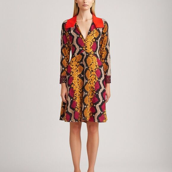 ETRO Lulu Snakeskin-Print  Silk Dress Size 44 / US 8 Multicolor Boho Western - Picture 1 of 6